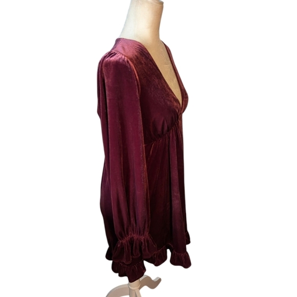 Burgundy Red crushed Velvet plunging v neck Cherry Girl fairy core Dress Sz S - Picture 2 of 12